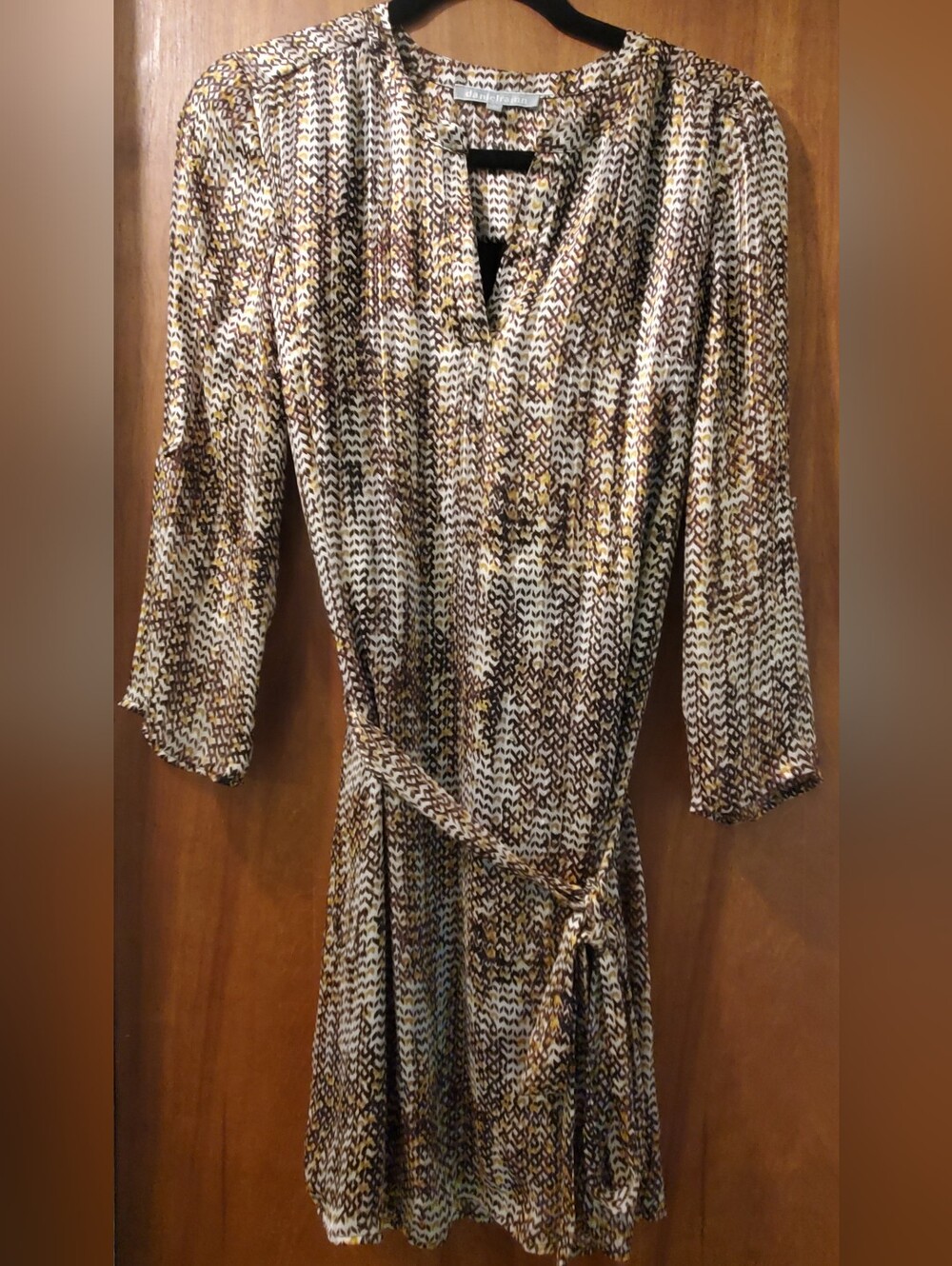 Printed Women’s Dress in Brown and Cream With Tie